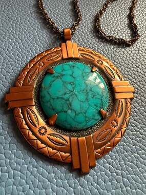 Vintage Bell Trading Post Solid Copper Faux Turquoise Medallion Necklace